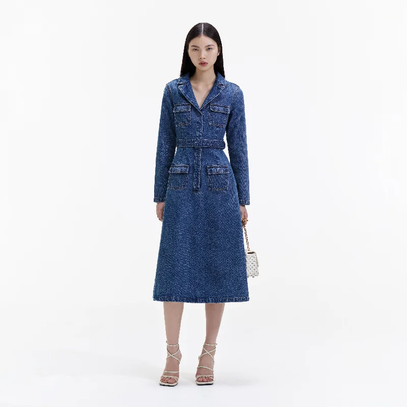 Midi Dresses for romantic spring evenings-Blue Denim Belted Midi Dress