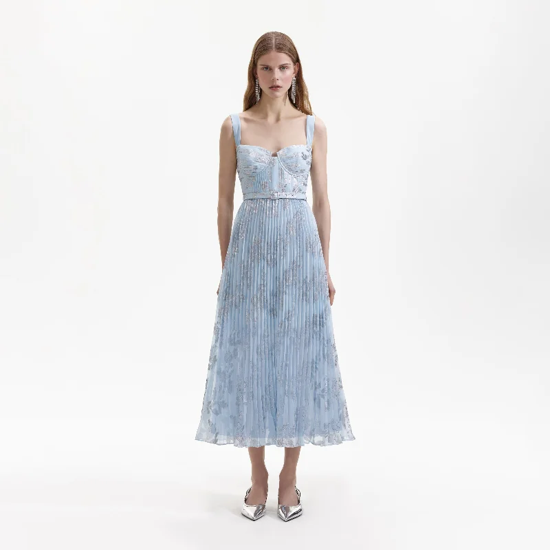 Midi Dresses for romantic dinner events-Blue Pleated Midi Dress