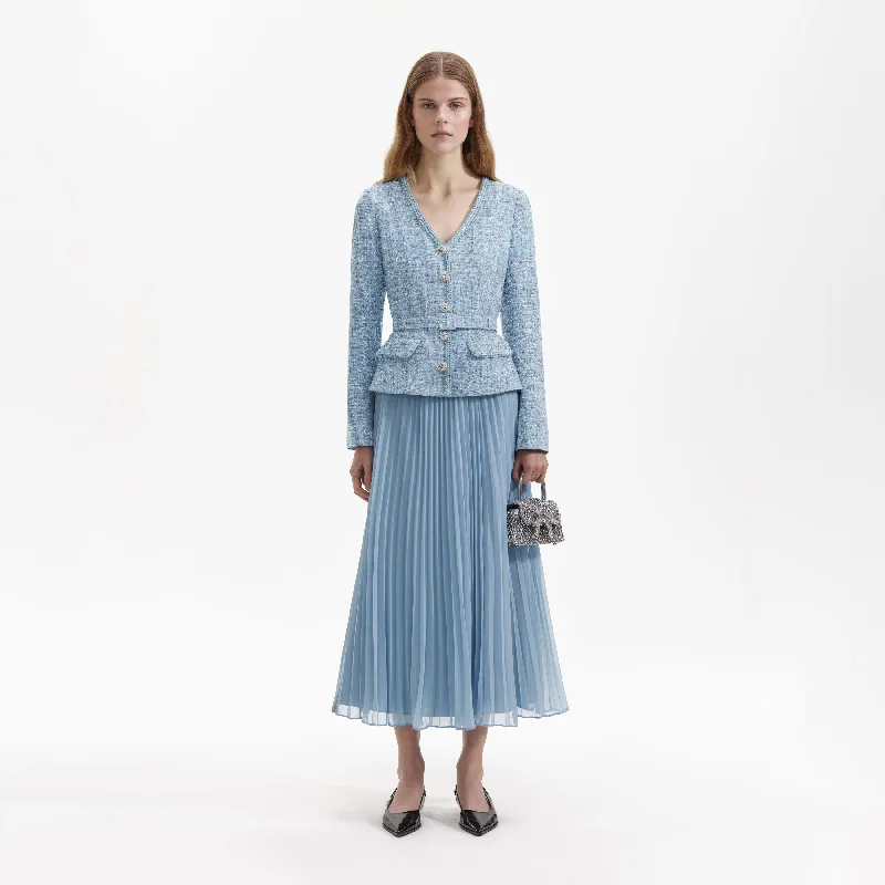 Midi Dresses for spring get-togethers-Blue Boucle Tailored Midi Dress