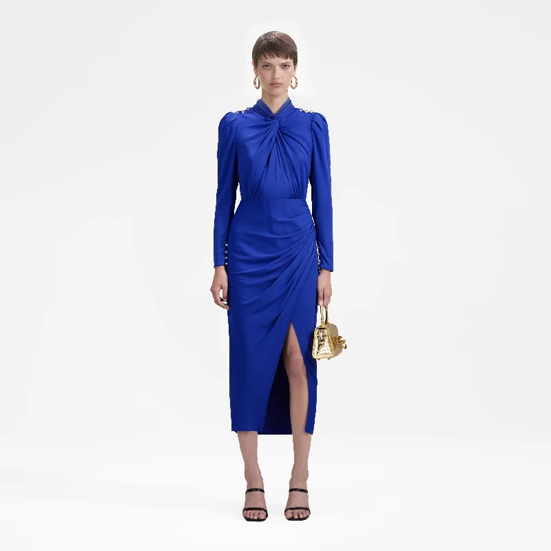 Midi Dresses for summer parties-Blue Stretch Crepe Twisted Collar Midi Dress