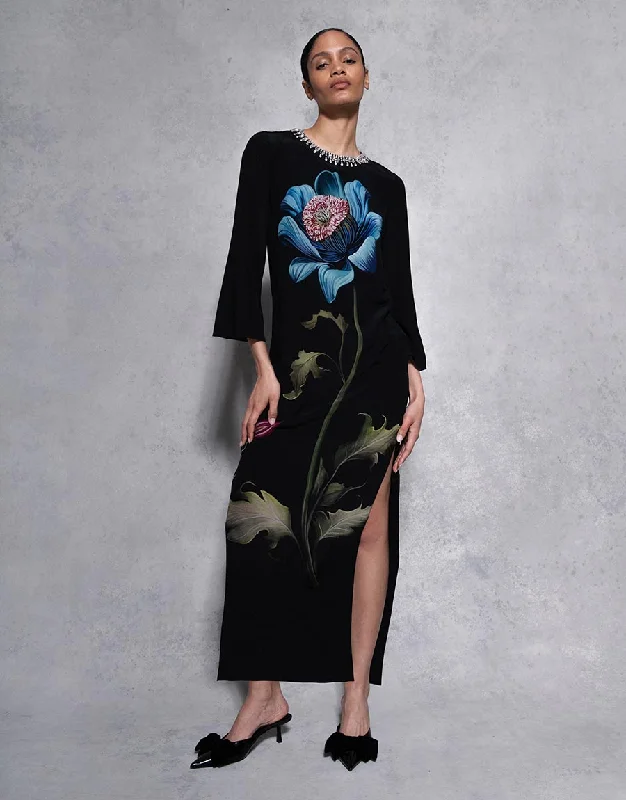 Midi Dresses for Thanksgiving dinners-Capucine Crepe Midi Dress - Painterly Flower