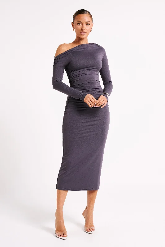 Midi Dresses for charity events-Christabel Recycled Nylon Ruched Midi Dress - Charcoal