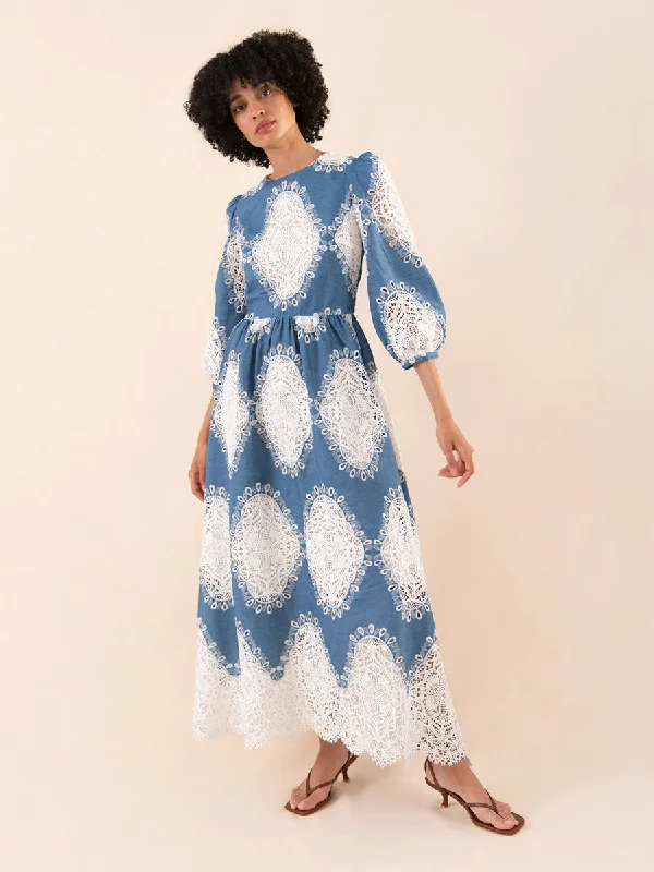 Midi Dresses for chic garden weddings-Constance Broderie Anglaise Midi Dress - Lace/Denim - SALE