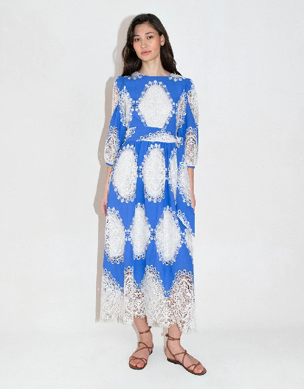 Midi Dresses for autumn family gatherings-Constance Lace Midi Dress - Blue/White