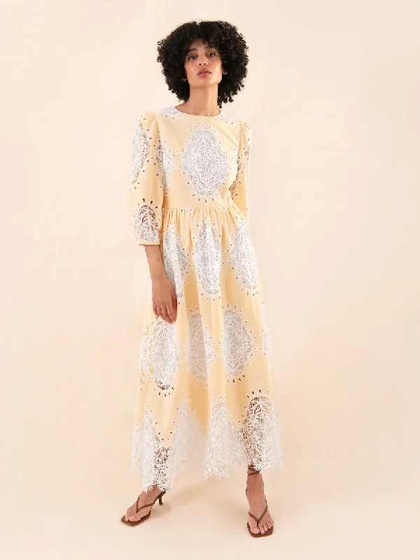 Midi Dresses for spring picnics-Constance Round Neck Lace Midi Dress - Pale Yellow - SALE