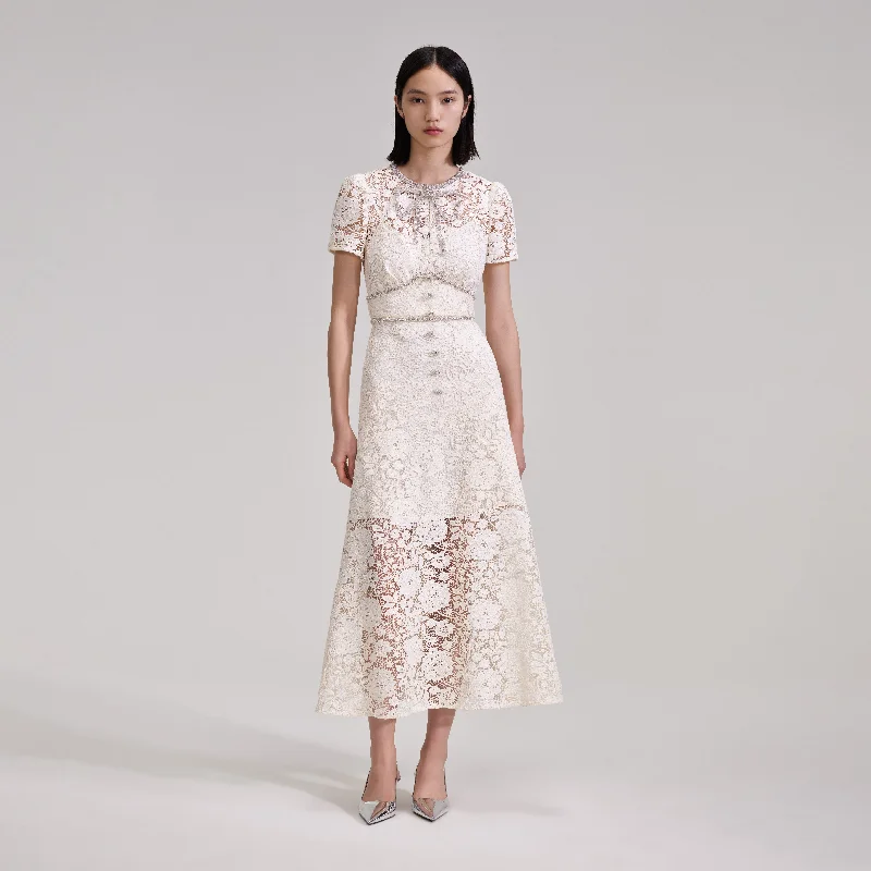 Midi Dresses for spring evening events-Cream Cord Lace Bow Midi Dress