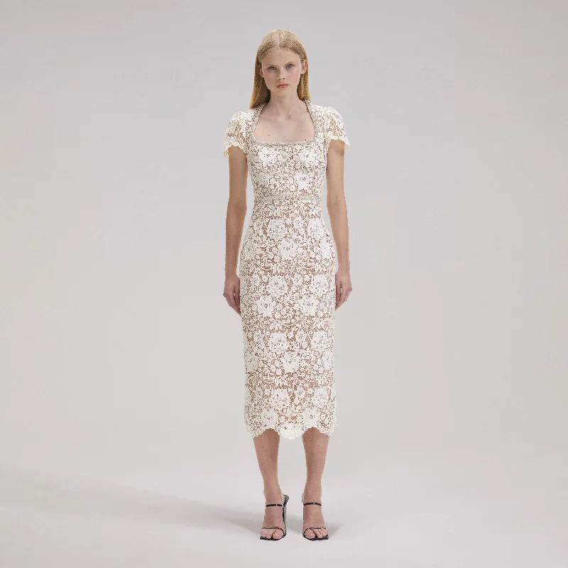 Midi Dresses for trendy spring festivals-Cream Cord Lace Diamante Midi Dress