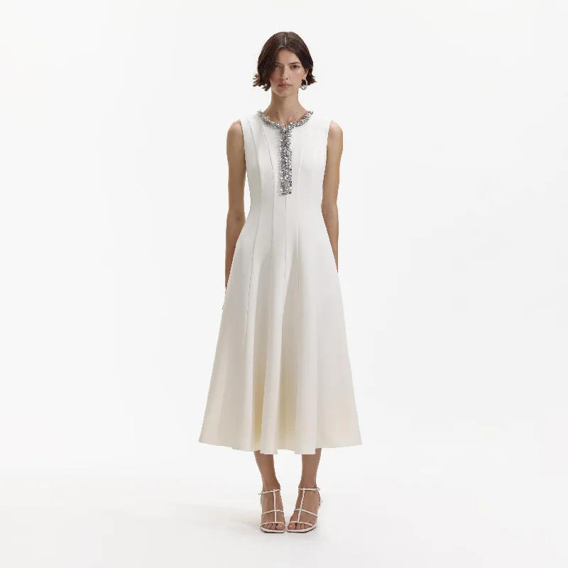 Midi Dresses for classy brunch events-Cream Crepe Embellished Midi Dress