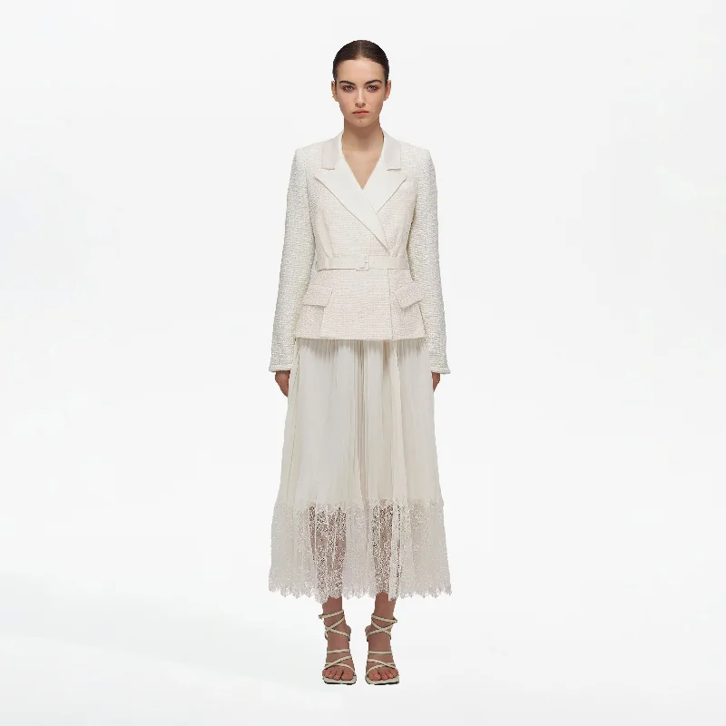 Midi Dresses for brunch with friends-Cream Tailored Bouclé And Chiffon Midi Dress