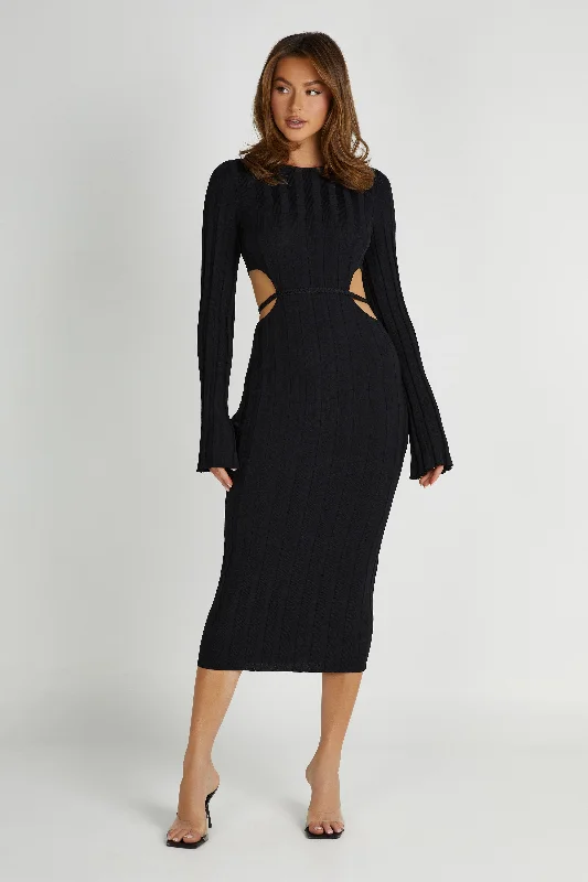 Midi Dresses for vacation dinners-Elodie Knit Midi Dress - Black