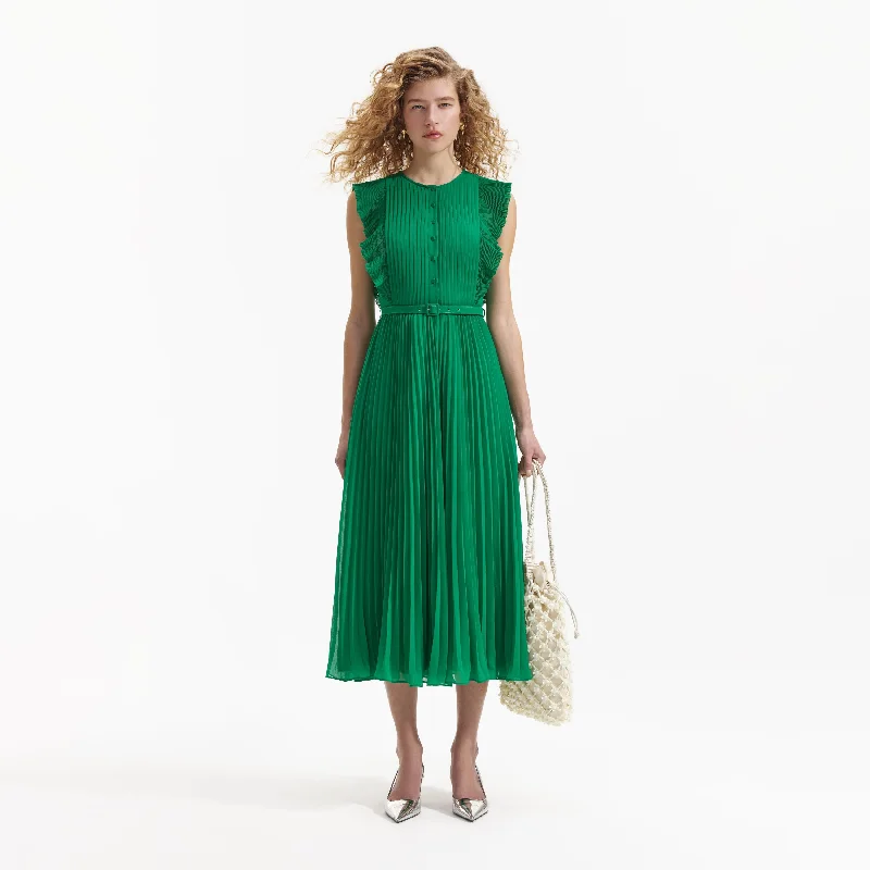 Midi Dresses for seasonal celebrations-Green Chiffon Sleeveless Ruffle Midi Dress