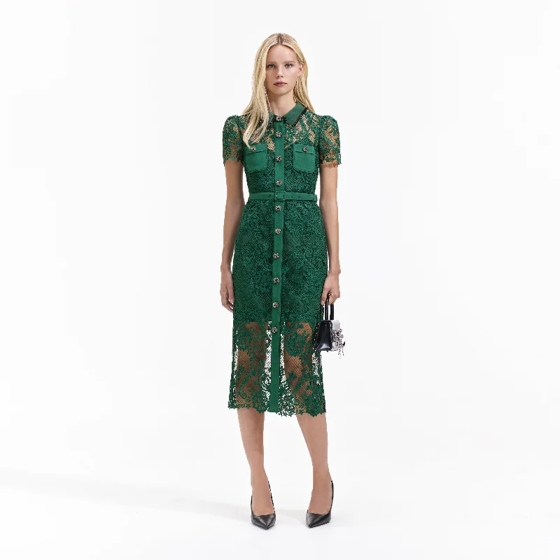 Midi Dresses for fun birthday celebrations-Green Lace Button Front Midi Dress