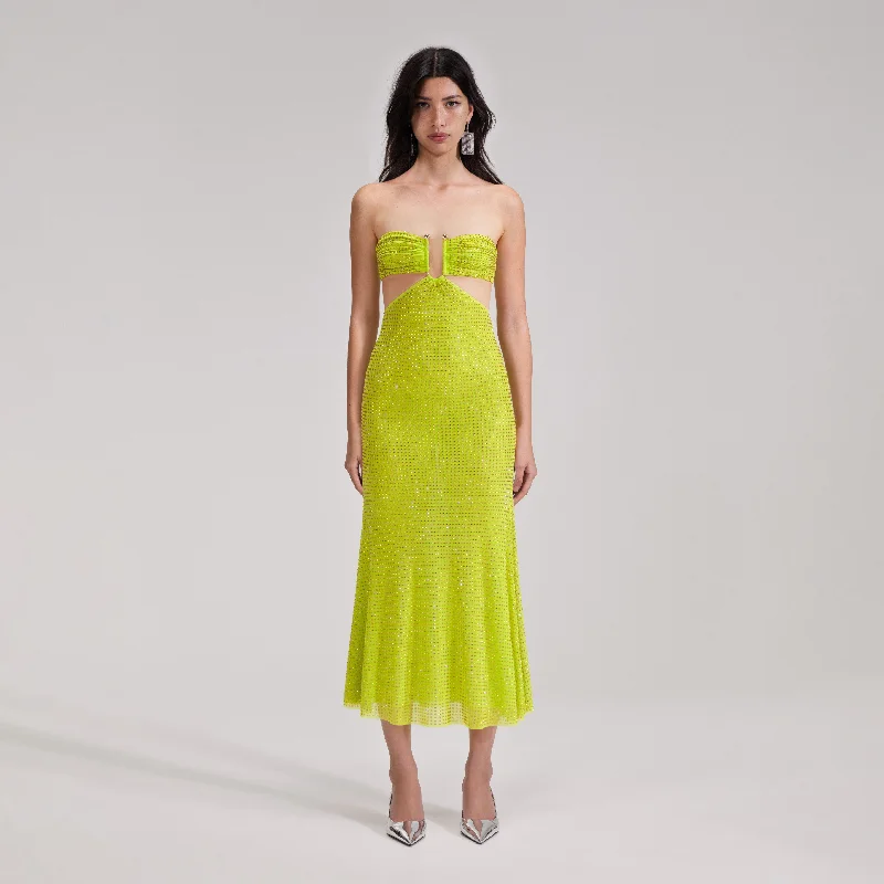 Midi Dresses for family spring events-Green Rhinestone Mesh Midi Dress