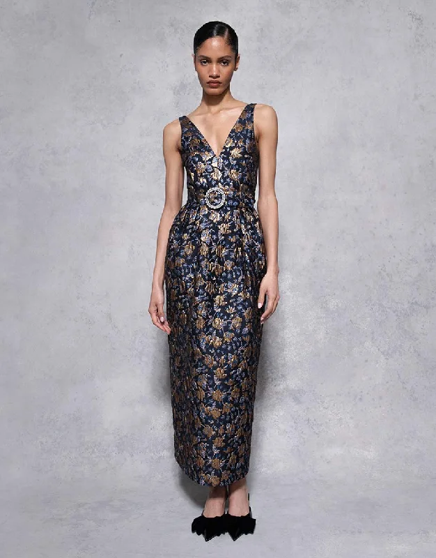 Midi Dresses for winter office wear-Jules Floral Jacquard Midi Dress - Navy/Gold