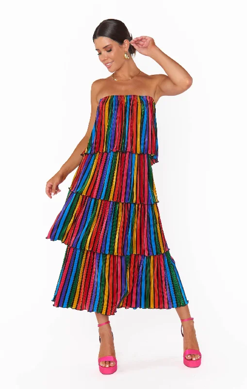 Midi Dresses for trendy spring family dinners-Lana Midi Dress ~ Rainbow Parade Pleat