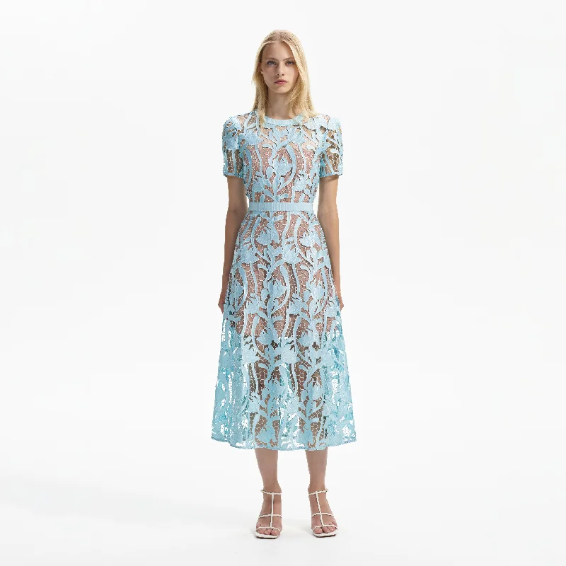 Midi Dresses for cozy birthday parties-Light Blue Lace Midi Dress