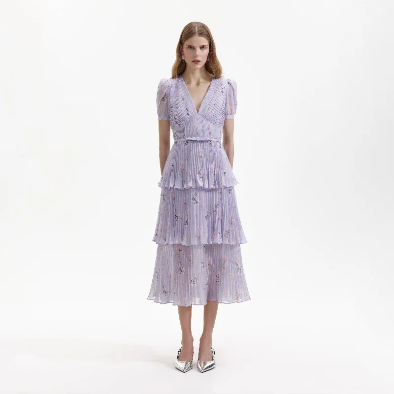 Midi Dresses for formal spring events-Lilac Floral Midi Dress