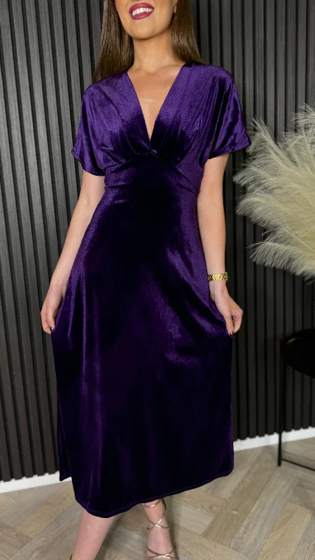 Midi Dresses for anniversary celebrations-Merritt Purple V Neckline Velvet Finish Midi Dress