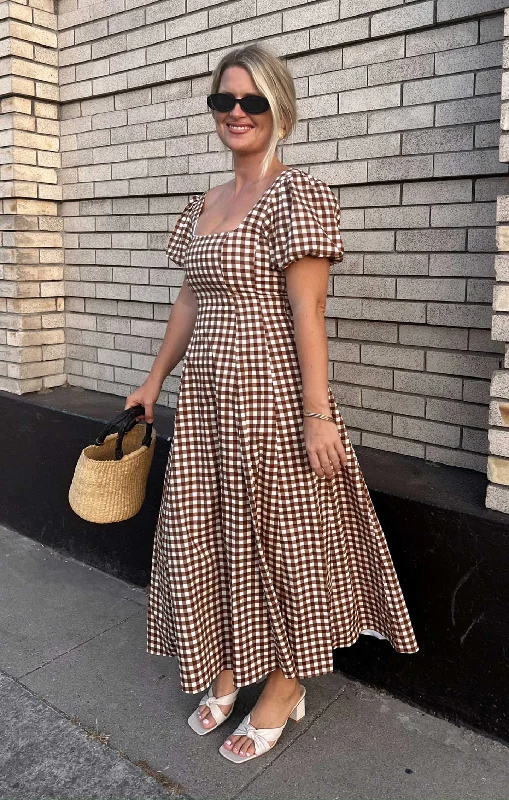 Midi Dresses for spring brunches-Mia Midi Dress ~ Brown Gingham