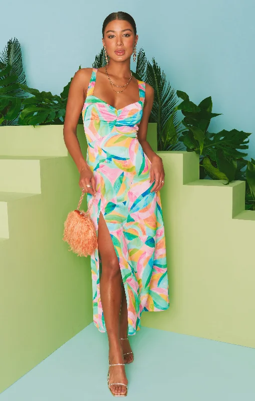 Midi Dresses for beach dinner events-Mina Midi Dress ~ Tropicana Burst Luxe Satin