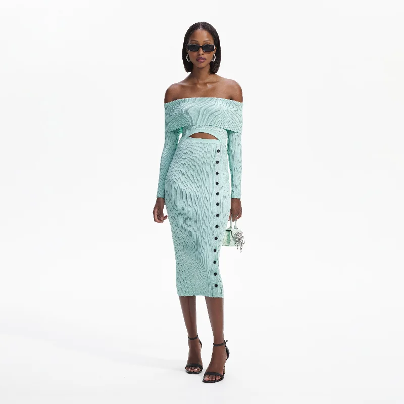 Midi Dresses for winter weddings-Mint Off Shoulder Knit Midi Dress