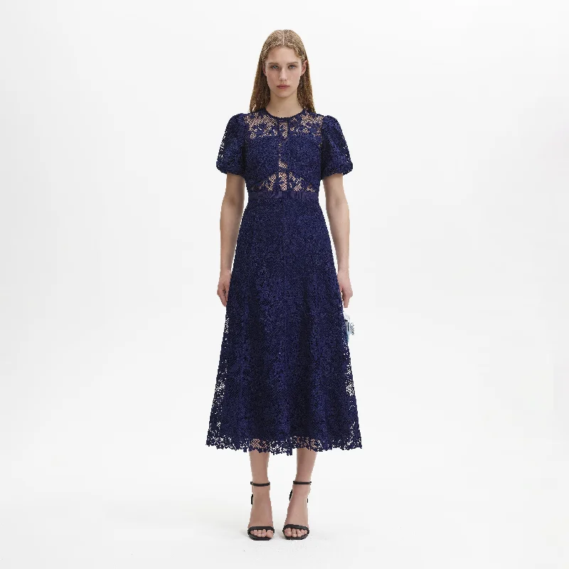 Midi Dresses for romantic spring dates-Navy Lace Puff Sleeve Midi Dress