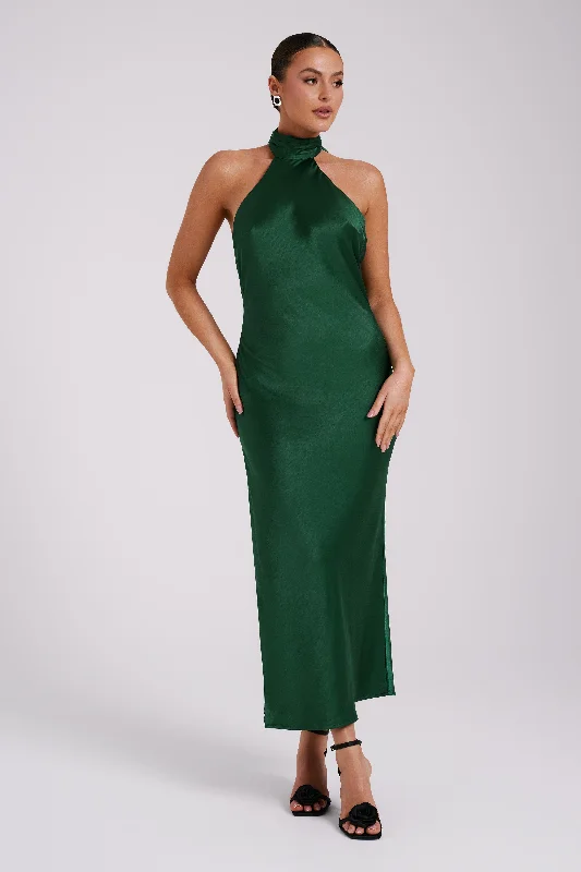 Midi Dresses for wedding anniversaries-Paulette Satin Midi Dress With Bow - Emerald