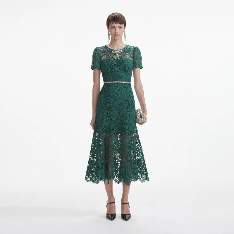 Midi Dresses for charity events-Green Lace Diamante Bow Midi Dress