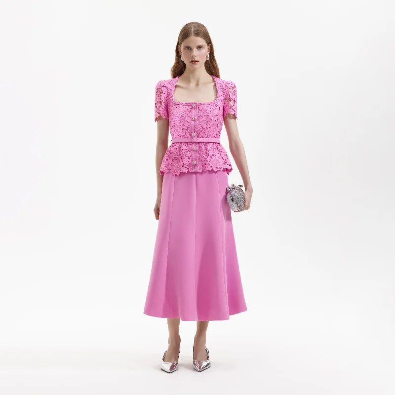 Midi Dresses for family weekend outings-Pink Lace Tailored Midi Dress