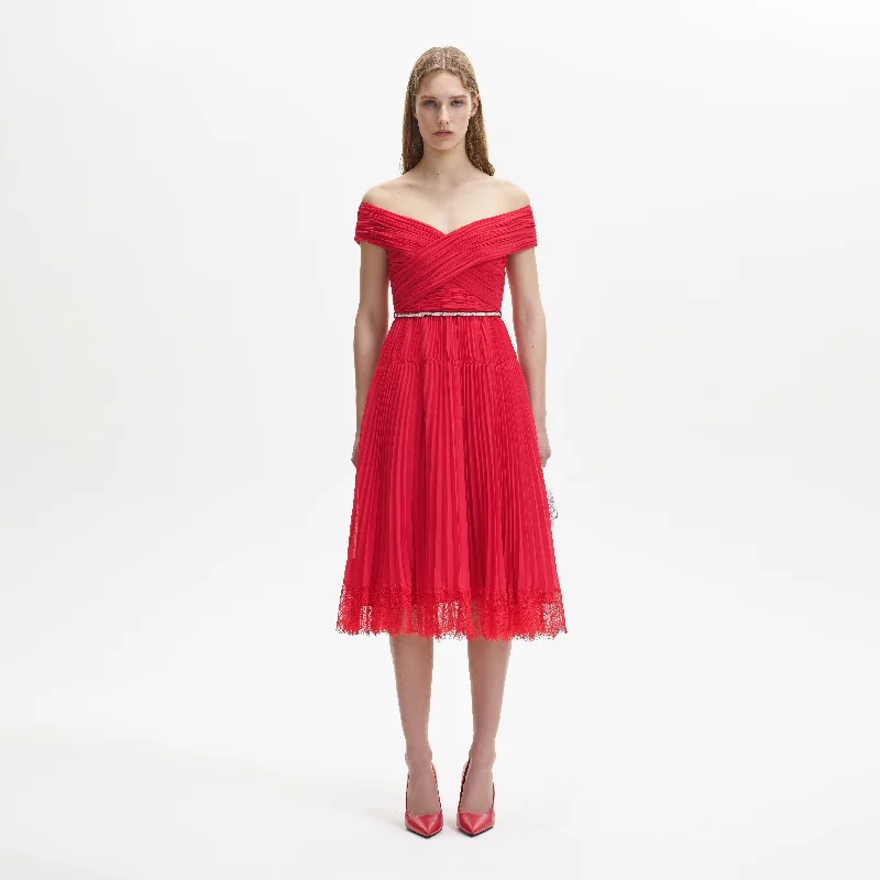 Midi Dresses for romantic dinners-Red Chiffon Off Shoulder Midi Dress