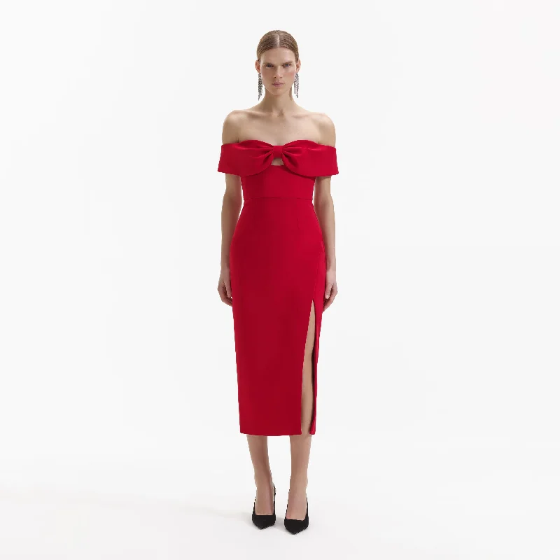 Midi Dresses for evening summer events-Red Crepe Off Shoulder Bow Midi Dress