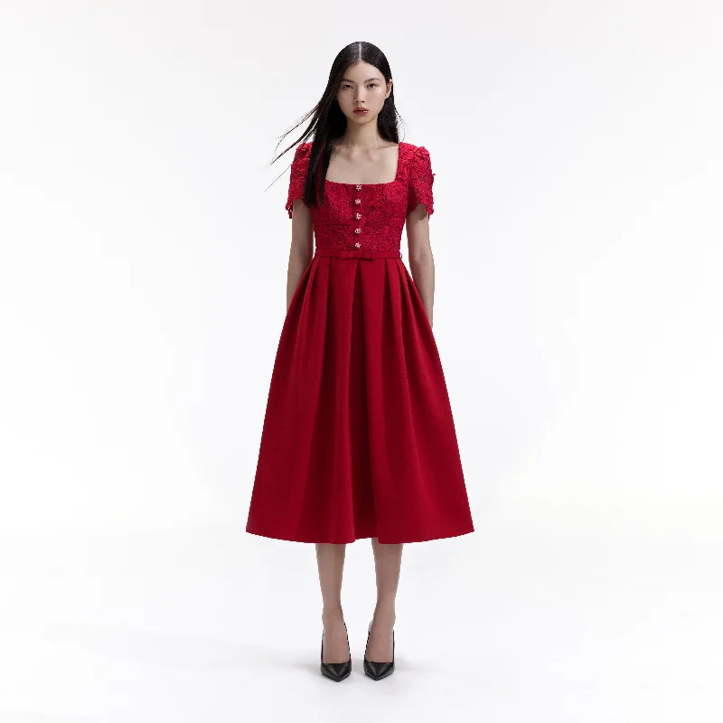 Midi Dresses for elegant anniversary dinners-Red Lace Crepe Midi Dress