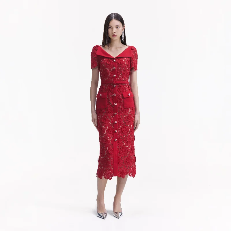 Midi Dresses for beach dinner events-Red Lace Open Neck Midi Dress