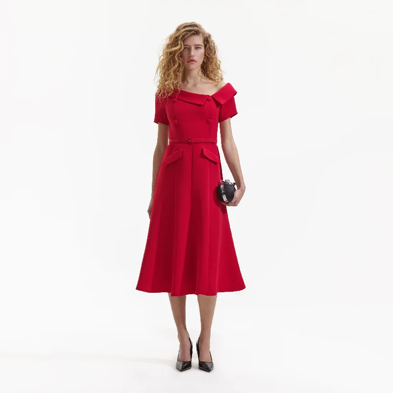 Midi Dresses for spring dinner gatherings-Red Tailored Crepe Midi Dress