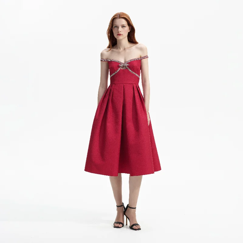 Midi Dresses for birthday parties in spring-Red Textured Diamante Midi Dress