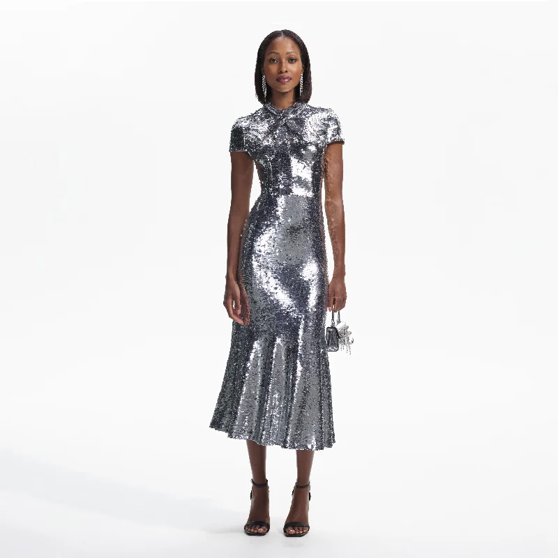 Midi Dresses for Christmas event fashion-Silver Sequin Twist Neck Midi Dress