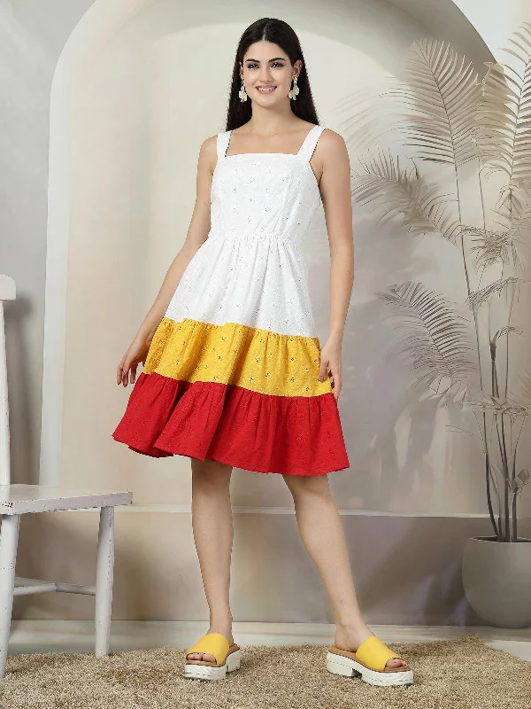 Midi Dresses for fun summer events-SMERA MART Women's Sleeveless A Line Midi Schiffli Cotton Dress - White & Red