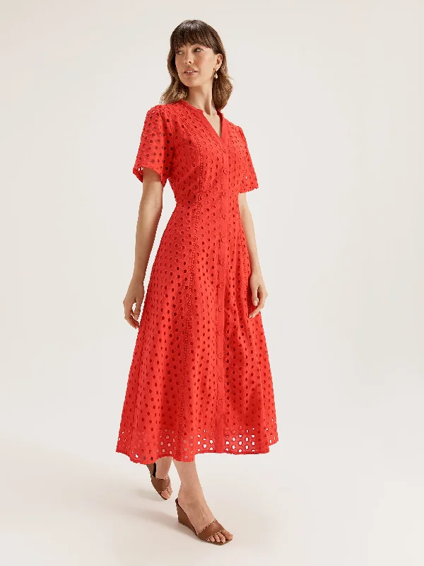 Midi Dresses for wedding anniversary dinners-Solar Broderie Dress