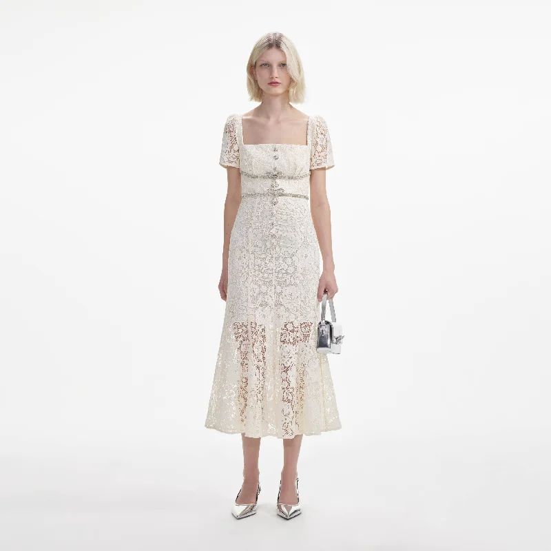 Midi Dresses for countryside weddings-Cream Lace Diamante Bow Midi Dress