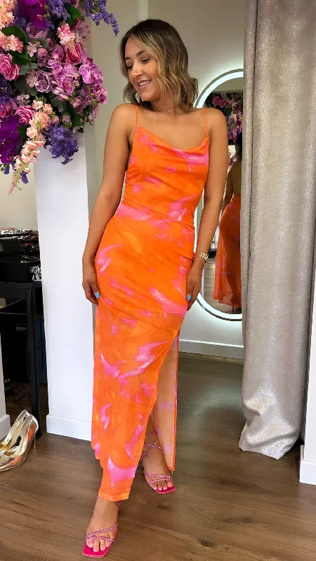 Midi Dresses for romantic get-togethers-Stacie Orange & Pink Tie-Dye Print Midi Dress