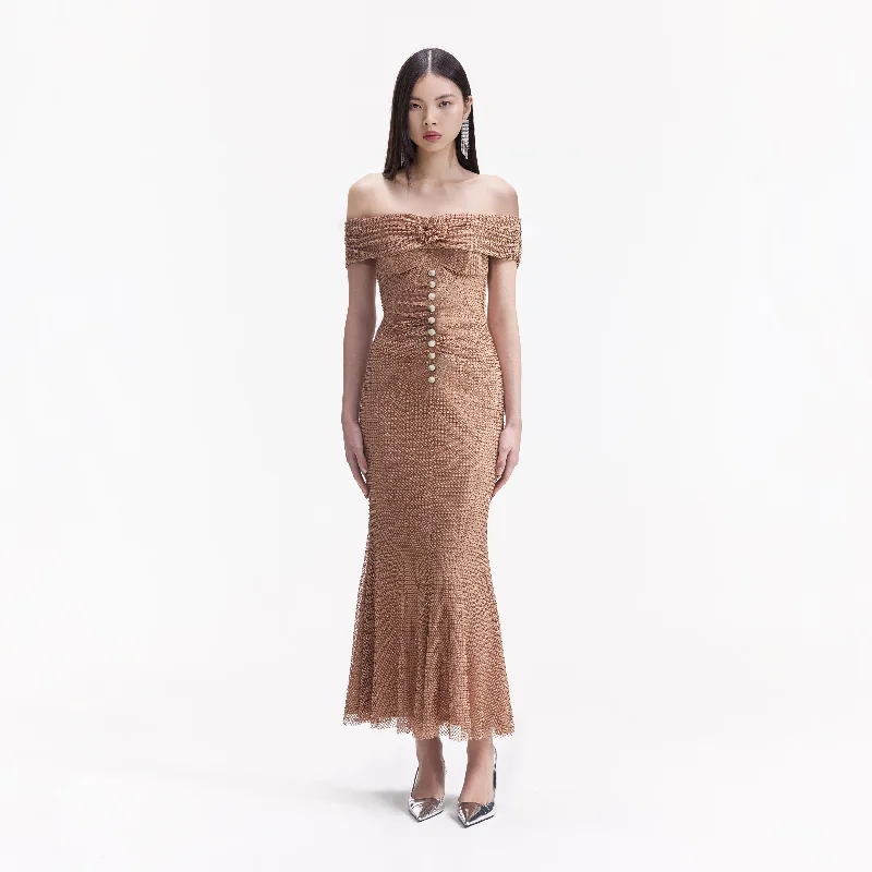 Midi Dresses for tropical vacations-Tan Rhinestone Midi Dress