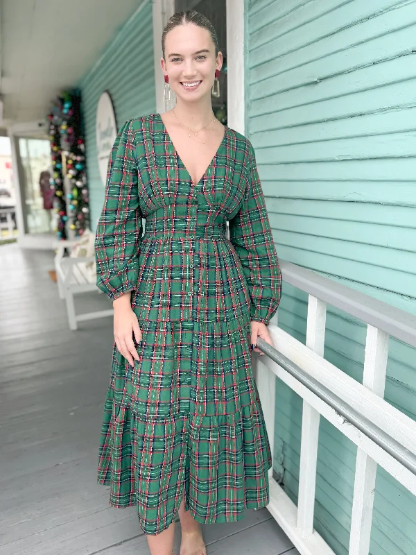 Midi Dresses for elegant dinners-The Jace Plaid Midi Dress-Green