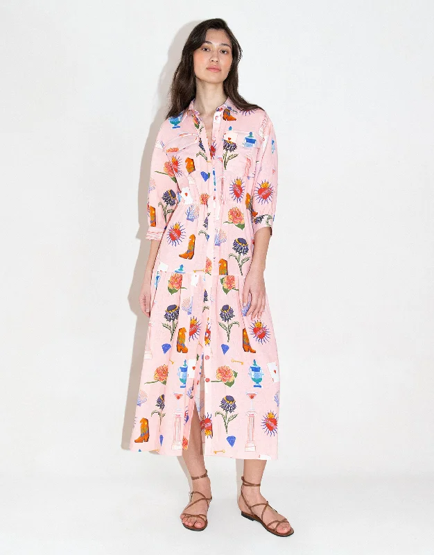 Midi Dresses for church events-Uma Linen Midi Dress - Wanderlust Pink