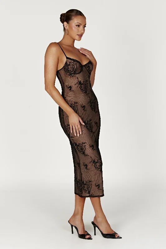 Midi Dresses for evening galas-Venice Embroidered Mesh Midi Dress - Black