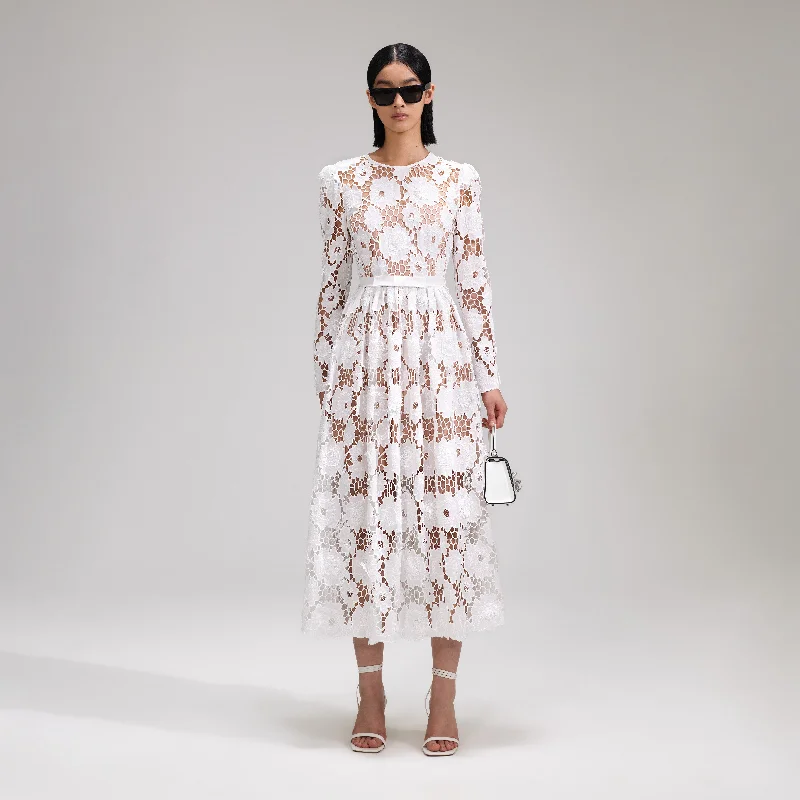 Midi Dresses for holiday shopping-White 3D Cotton Lace Midi Dress