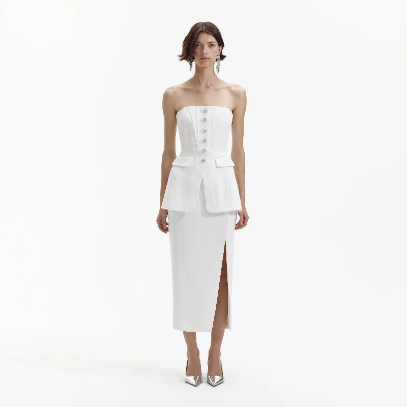 Midi Dresses for wedding guests-White Bandeau Crepe Tailored Midi Dress