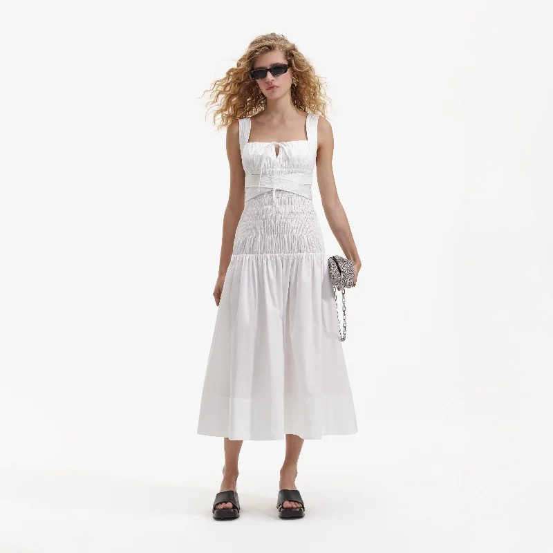 Midi Dresses for trendy spring wear-White Cotton Sweetheart Midi Dress