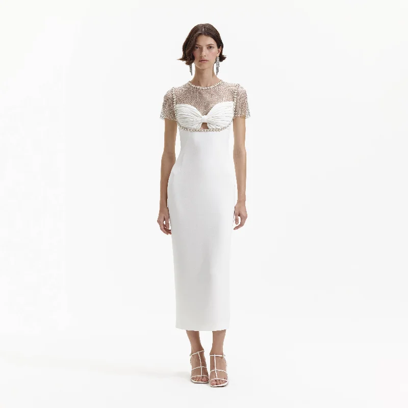 Midi Dresses for celebratory occasions-White Diamante Crepe Midi Dress