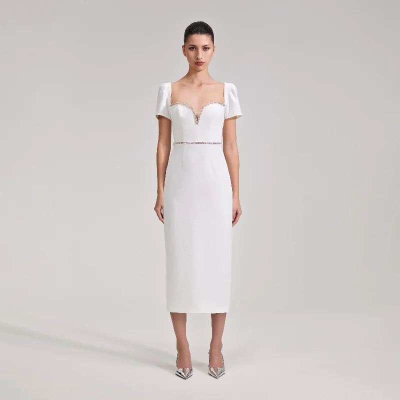 Midi Dresses for chic autumn wear-White Diamante Trim Split Midi Dress