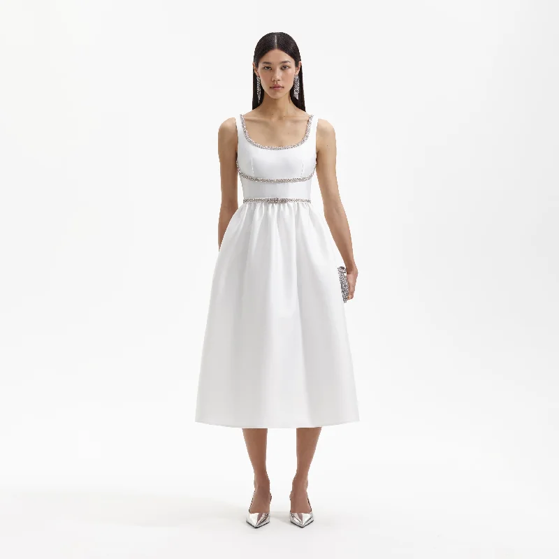 Midi Dresses for chic fall dinner parties-White Taffeta Diamante Bow Midi Dress